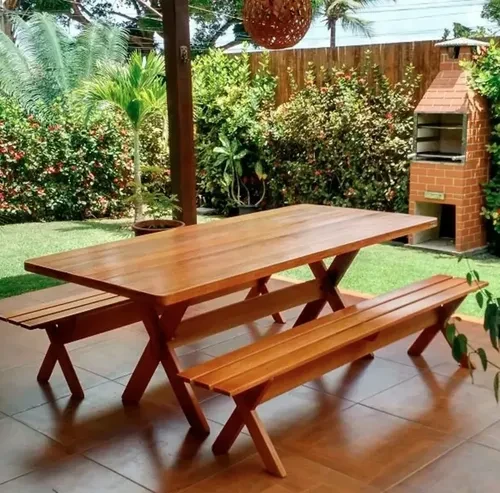 Conjunto Mesa Rústica com Bancos em Eucalipto Maciço 2m