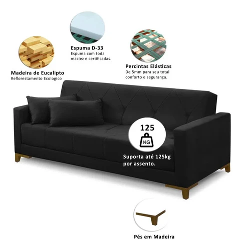 Foto detalhada do Sofá Cama Aurora Suede Preto 2,00m - Avaliação e Review do Faro Guia (imagem 3)